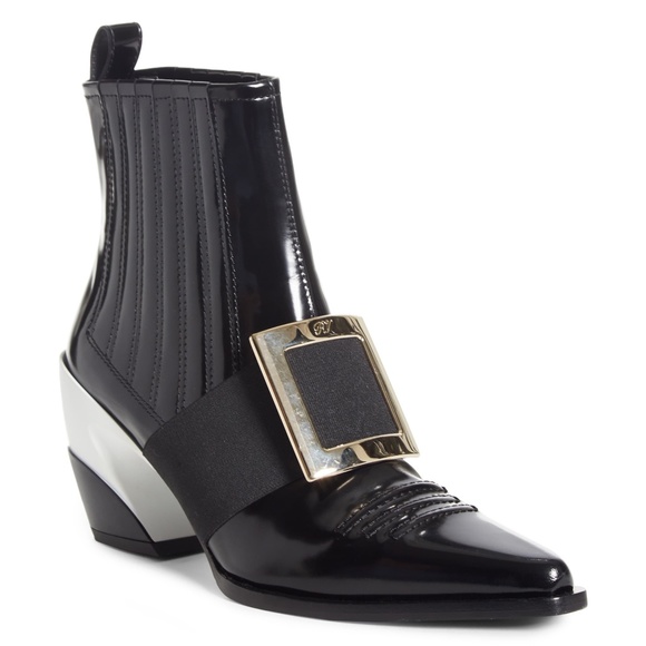 RARE! Roger Vivier Viv’ Tex Black Patent Ankle Chelsea Boots - Picture 1 of 16